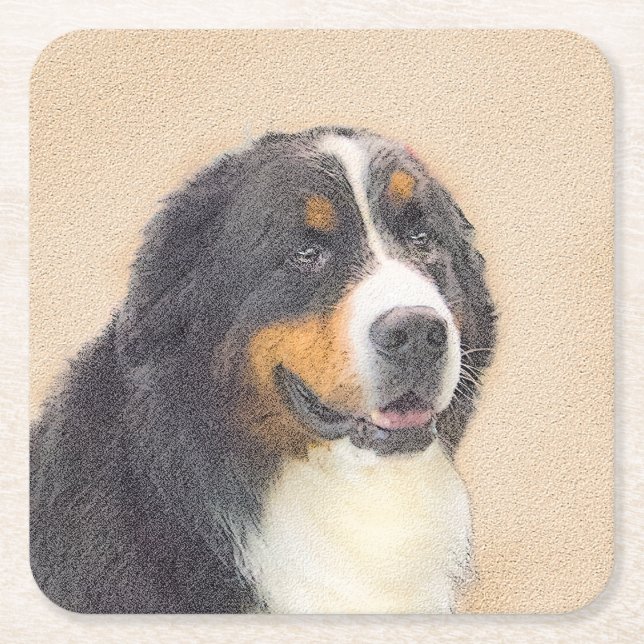 Bernese Mountain Dog Painting - Original Dog Art Square Paper Coaster (Front)