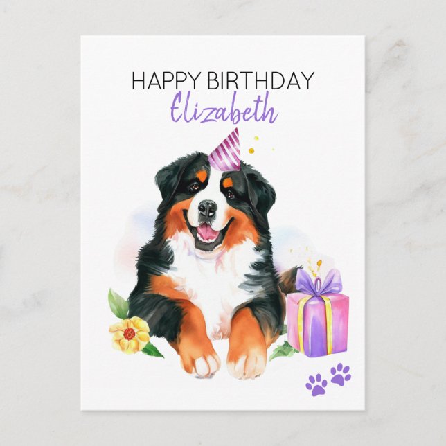 Bernese Mountain Dog Personalised Happy Birthday Postcard (Front)