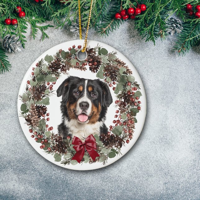 Bernese Mountain Dog Pinecone Wreath Personalized Ceramic Tree Decoration (Creator Uploaded)
