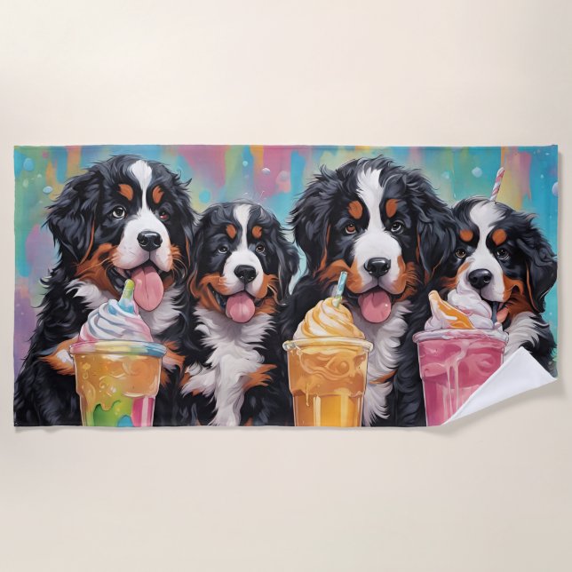 Bernese Mountain Dog Puppies drinking milkshakes Beach Towel (Front)