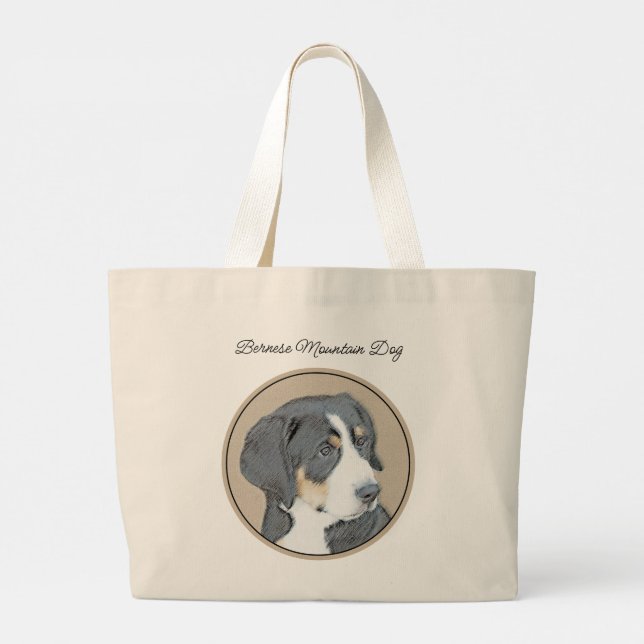 Bernese Mountain Dog Puppy Painting Cute Pet Art Large Tote Bag (Back)