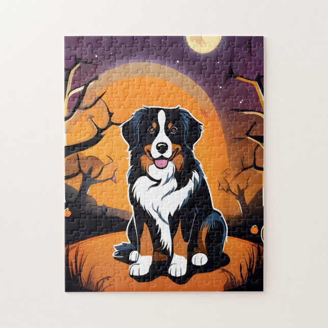 Bernese Mountain Dog Purple Orange Halloween Jigsaw Puzzle (Vertical)