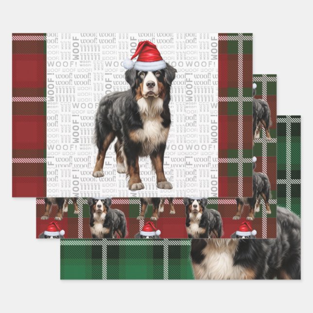 Bernese Mountain Dog Red Green Plaid Holiday Wrapping Paper Sheet (Set)