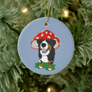 Bernese Mountain Dog Red Mushroom Cap Ceramic Tree Decoration