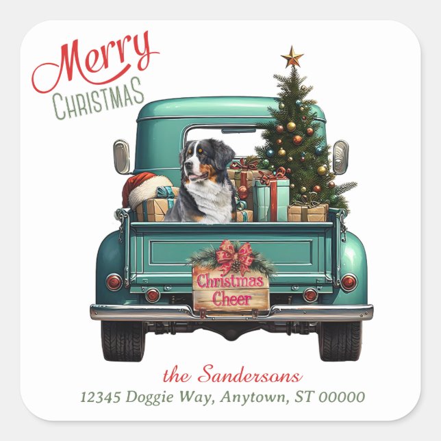 Bernese Mountain Dog Retro Truck Christmas Square Sticker (Front)