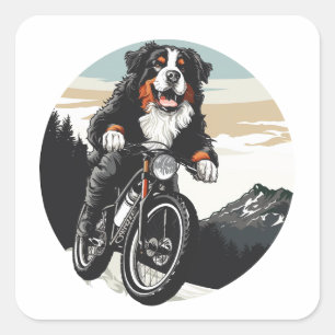 Bernese Mountain Dog Riding A Mountain Bike Square Sticker
