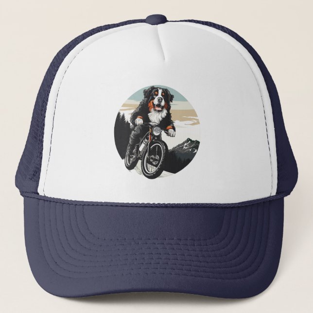 Bernese Mountain Dog Riding A Mountain Bike Trucker Hat (Front)