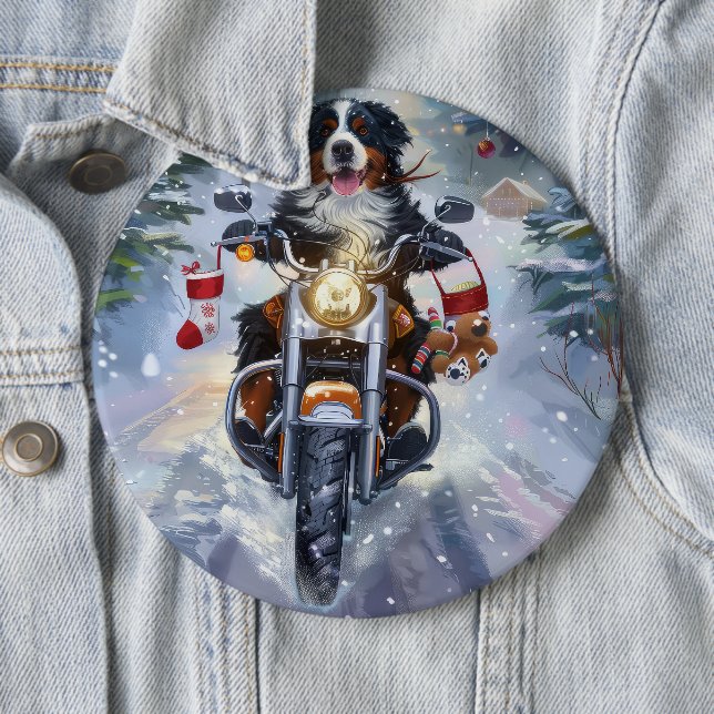 Bernese Mountain Dog Riding Motorcycle Christmas 6 Cm Round Badge (In Situ)