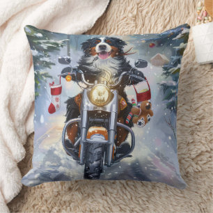 Bernese Mountain Dog Riding Motorcycle Christmas Cushion