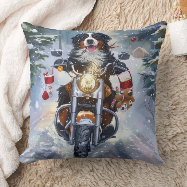 Bernese Mountain Dog Riding Motorcycle Christmas Cushion (Blanket)