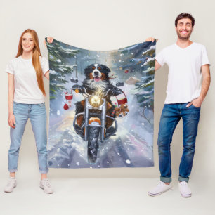 Bernese Mountain Dog Riding Motorcycle Christmas Fleece Blanket