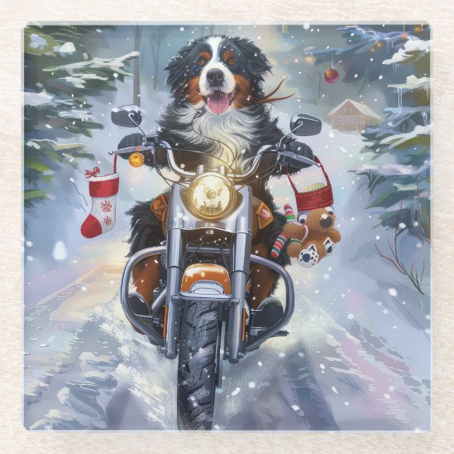 Bernese Mountain Dog Riding Motorcycle Christmas Glass Coaster (Front)