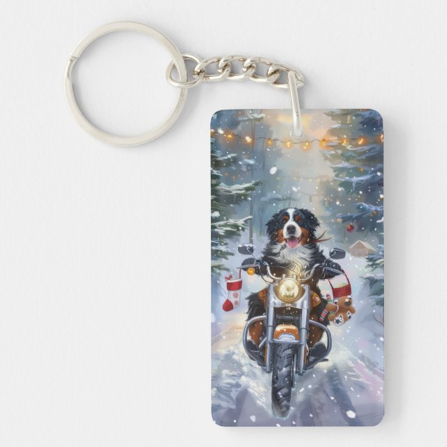Bernese Mountain Dog Riding Motorcycle Christmas Key Ring (Front)