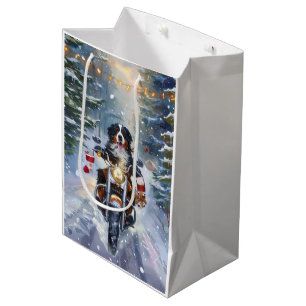 Bernese Mountain Dog Riding Motorcycle Christmas Medium Gift Bag
