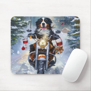 Bernese Mountain Dog Riding Motorcycle Christmas Mouse Mat