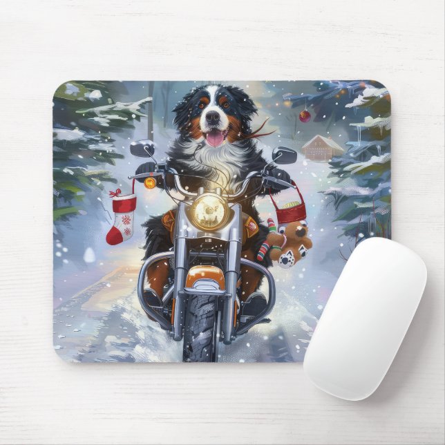 Bernese Mountain Dog Riding Motorcycle Christmas Mouse Mat (With Mouse)