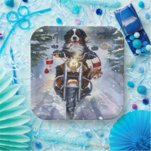 Bernese Mountain Dog Riding Motorcycle Christmas Paper Plate