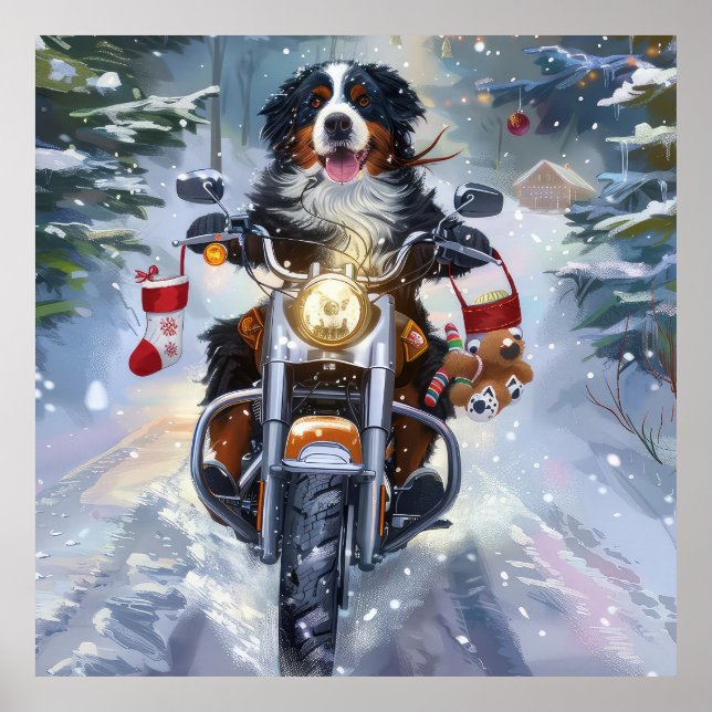 Bernese Mountain Dog Riding Motorcycle Christmas Poster (Front)