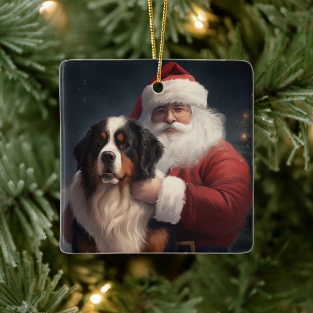 Bernese Mountain Dog Santa Claus Festive Christmas Ceramic Ornament (Tree)