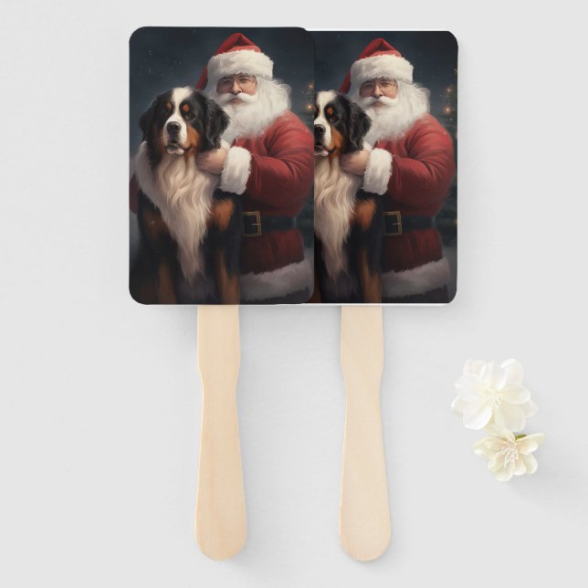 Bernese Mountain Dog Santa Claus Festive Christmas Hand Fan (Front and Back)