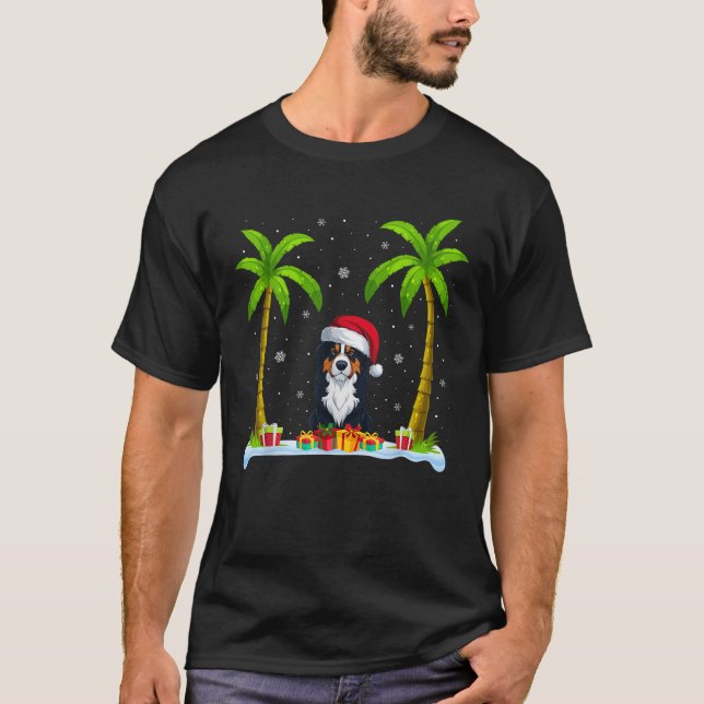 Bernese Mountain Dog Santa Hat Palm Tree Beach Xma T-Shirt (Front)