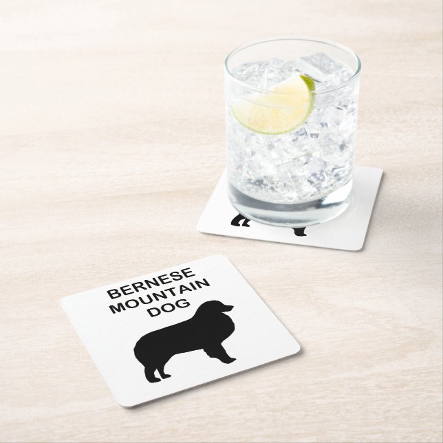 bernese mountain dog silhouette with name square paper coaster (Insitu)
