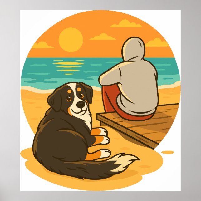 Bernese Mountain Dog Sunset Beach Companion Poster (Front)