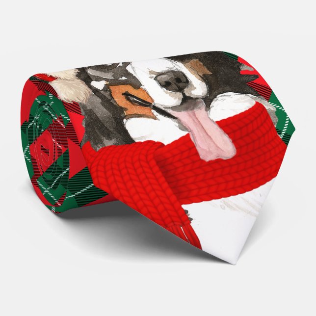 Bernese Mountain Dog Tartan Plaid Christmas Tie (Rolled)