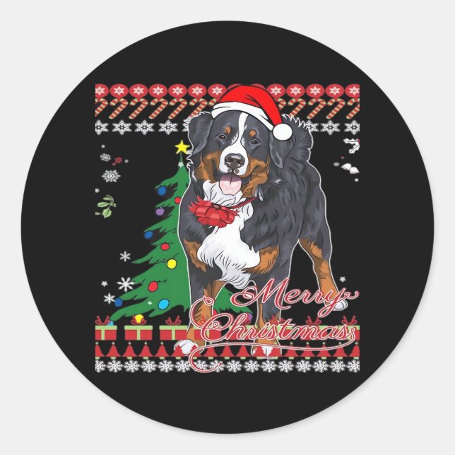 Bernese Mountain Dog Ugly Christmas Sweater Shirt  Classic Round Sticker (Front)