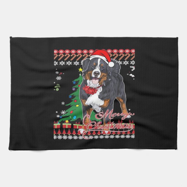 Bernese Mountain Dog Ugly Christmas Sweater Shirt  Tea Towel (Horizontal)