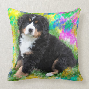 Bernese Mountain Dog Watercolor Art Painting Cushion