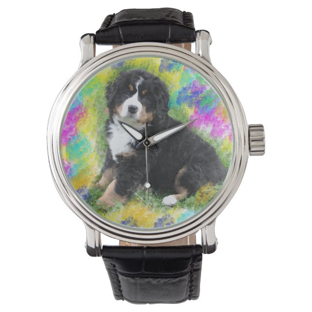Bernese Mountain Dog Watercolor Art Painting Watch (Front)