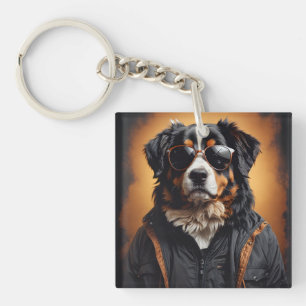 Bernese Mountain Dog Wearing Jacket And Sunglasses Key Ring