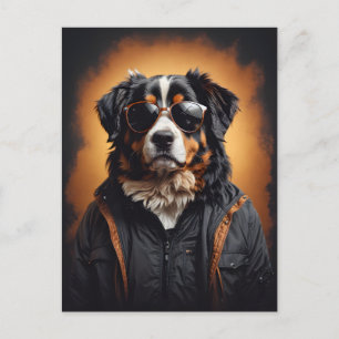 Bernese Mountain Dog Wearing Jacket And Sunglasses Postcard