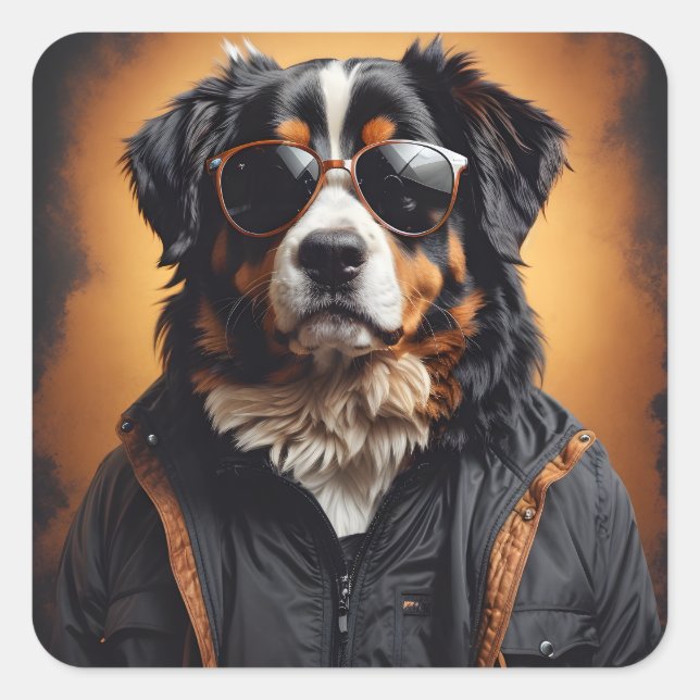 Bernese Mountain Dog Wearing Jacket And Sunglasses Square Sticker (Front)