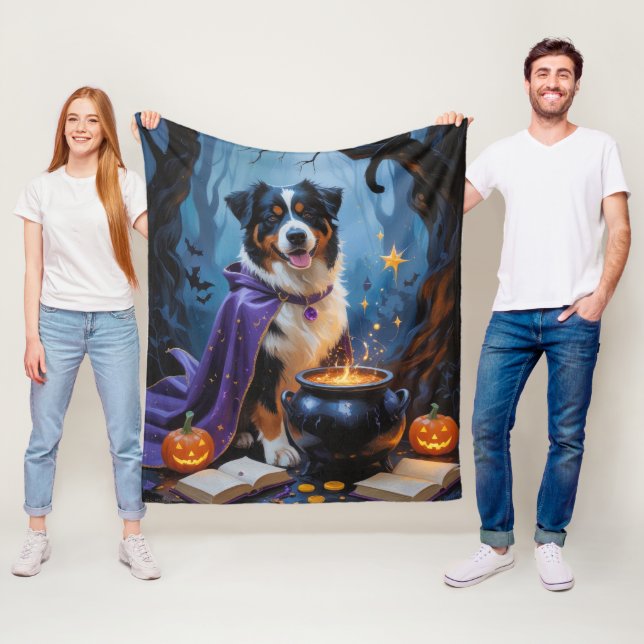 Bernese Mountain Dog Whimsical Halloween Painting Fleece Blanket (In Situ)