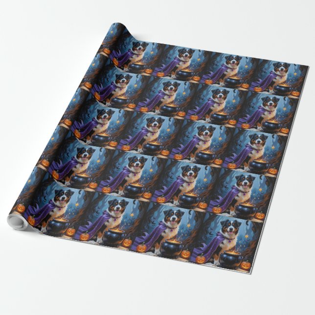 Bernese Mountain Dog Whimsical Halloween Painting Wrapping Paper (Unrolled)