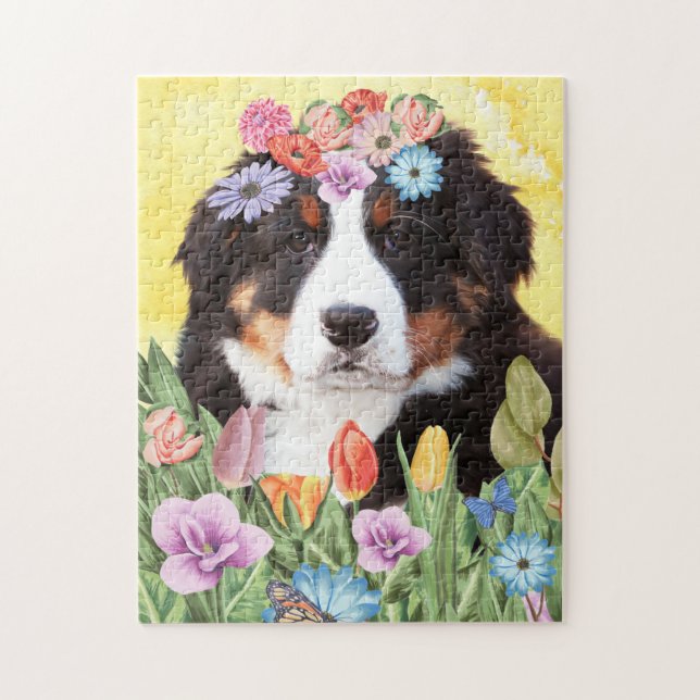Bernese Mountain Dog with Flowers Spring Jigsaw Puzzle (Vertical)