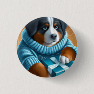 Bernese Mountain Dog With Holiday Present 3 Cm Round Badge