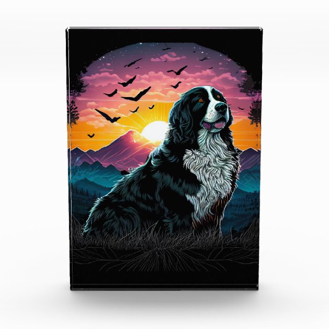 Bernese Mountain Dog with Mountain Sunrise view Photo Block (Front)