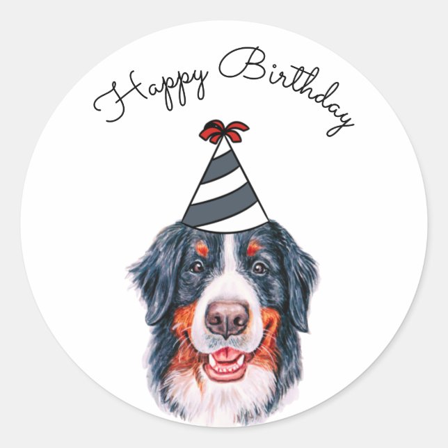 Bernese Mountain Dog with Party Hat Classic Round Sticker (Front)