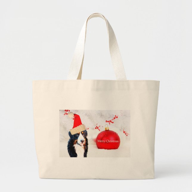 Bernese Mountain Dog with red Christmas Ornament Large Tote Bag (Front)