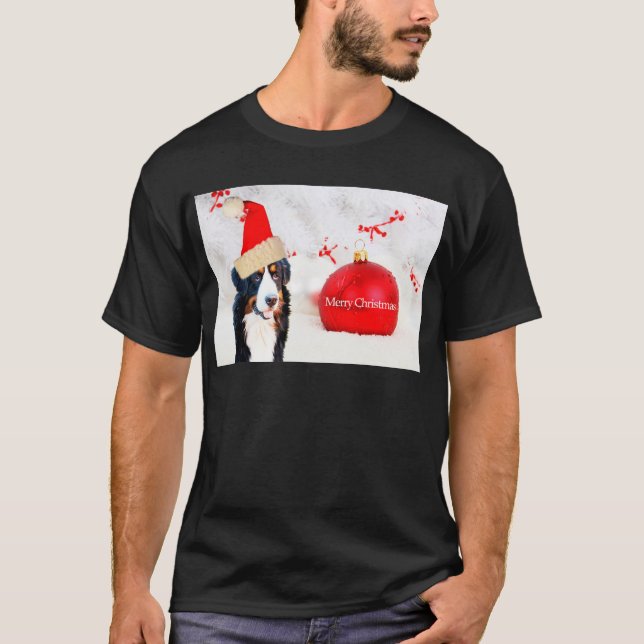 Bernese Mountain Dog with red Christmas Ornament T-Shirt (Front)