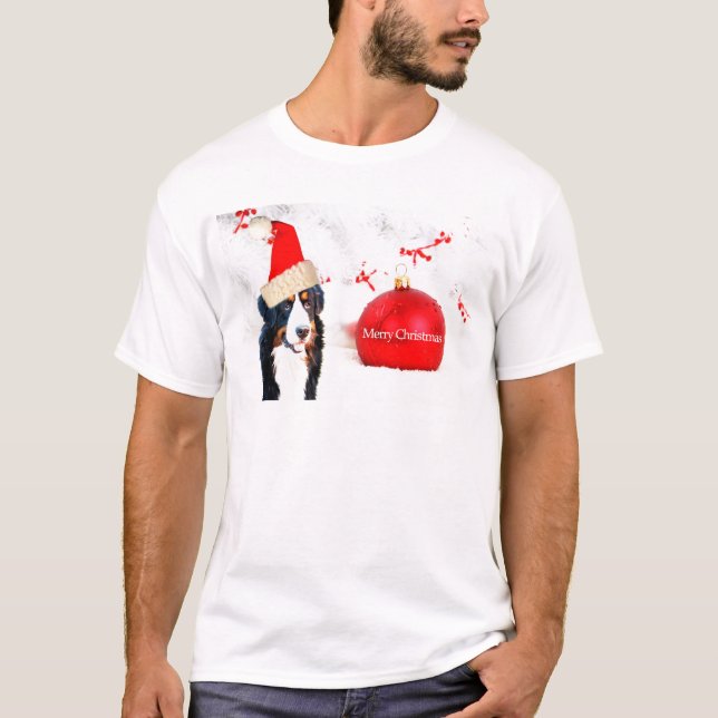Bernese Mountain Dog with red Christmas Ornament T-Shirt (Front)