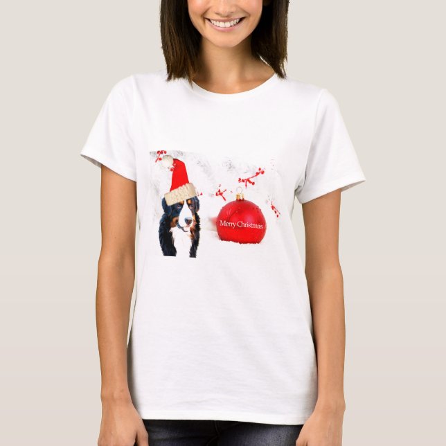 Bernese Mountain Dog with red Christmas Ornament T-Shirt (Front)