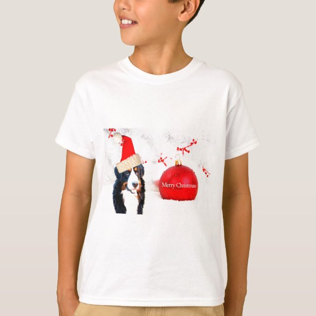 Bernese Mountain Dog with red Christmas Ornament T-Shirt (Front)