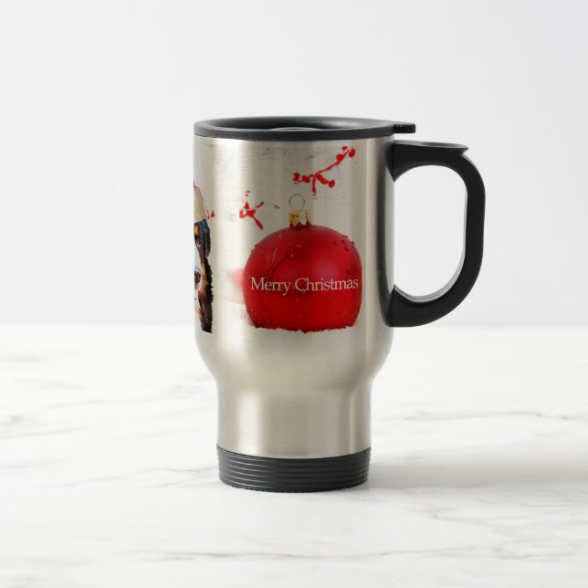 Bernese Mountain Dog with red Christmas Ornament Travel Mug (Right)