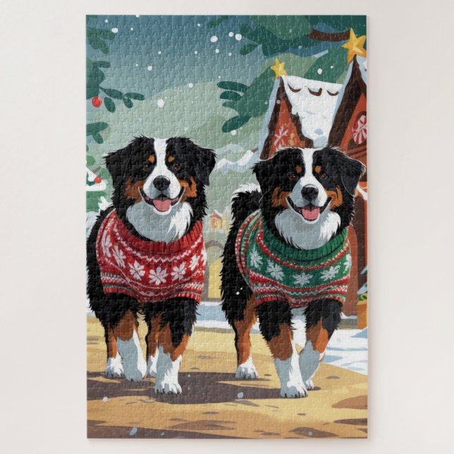Bernese Mountain Dogs Christmas Snow Holiday Jigsaw Puzzle (Vertical)