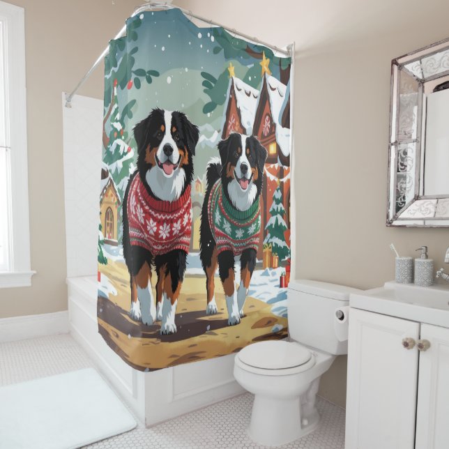 Bernese Mountain Dogs Christmas Snow Holiday Shower Curtain (In Situ)