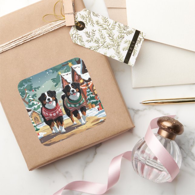 Bernese Mountain Dogs Christmas Snow Holiday Square Sticker (Gifting)